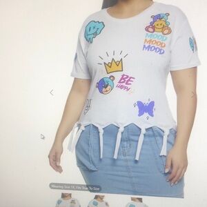 COPY - 2 tops,Mood be happy graphic knot fringe tee and self love graphic te